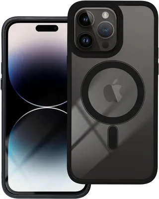 A smartphone with a protective case is shown.