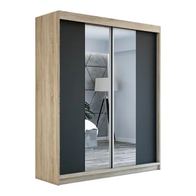 Productafbeelding van Schuifdeurenkast, 2 deuren, model ELEGANZA, 180 cm (met spiegel), Sonoma/zwart/zwart
