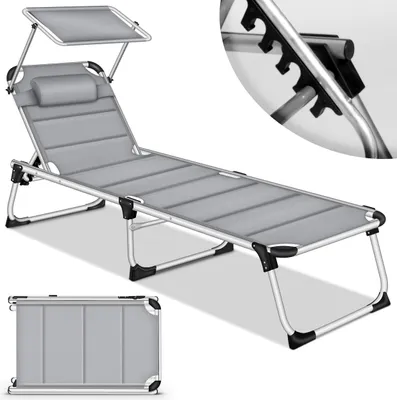 Produktbild von tillvex® Sonnenliege mit Dach und Kopfkissen Grau - Premium Polsterung | Gartenliege Liegestuhl klappbar | Strandliege mit verstellbarer Rückenlehne, gepolsterte Liegefläche | Aluminium Liege