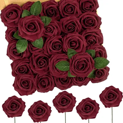 Produktbild von N&T NIETING Künstliche Blumen, Rosen, 50 Stück, Rosen mit Stiel, DIY-Dekoration, geeignet für Hochzeiten, Blumenarrangements, Braut, Wohnraumdekoration, dunkelrot