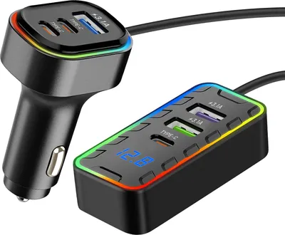 Zdjęcie produktu dla Avizar, ładowarka samochodowa 22,5 W 3x USB-C + 3x USB z przedłużaczem 1,5 m, czarna
