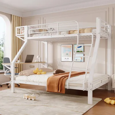 Productafbeelding van Merax stapelbed 90 x 200 / 140 x 200 cm met bureau, hoogslaper met open opbergruimte, ladder en veiligheidsreling, kinderbed, tienerbed, wit