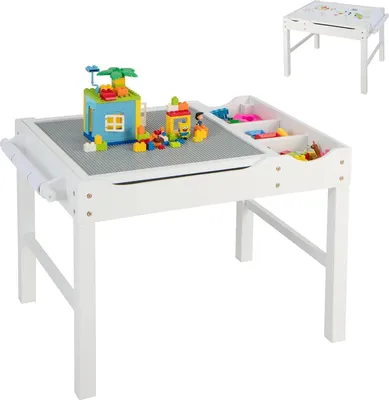 Produktbild von COSTWAY 2 in 1 Kindertisch mit umkehrbarer Tischplatte, Spieltisch aus Kiefernholz mit Stauraum, Seiternstange & Papierrolle, Aktivitätstisch Legotisch für Kinder ab 3 Jahre (Weiß)