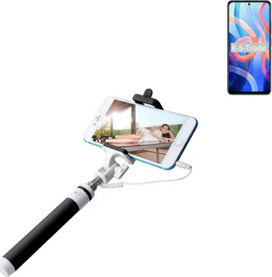 Produktbild von K-S-Trade Selfie Stick kompatibel mit Xiaomi Redmi Note 11 Selfiestick kabelgebunden Monopod mit Kabel Stab Stange Selfportrait Handheldstick schwarz
