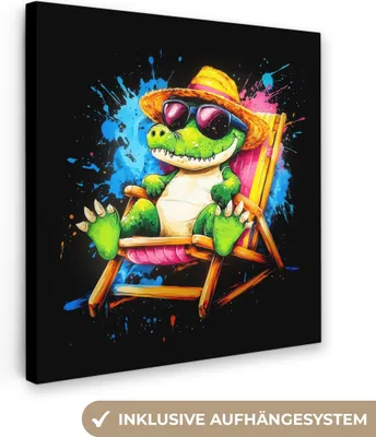 Produktbild von MuchoWow® - Leinwandbilder - Graffiti - Sommer - Krokodil - Lustig, Wandbild, Wanddeko Bilder Wohnzimmer, 90x90 cm