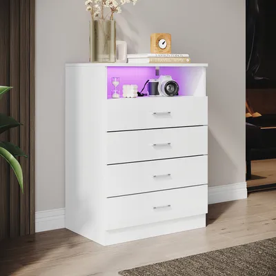 Obrázek produktu pro SONNI komoda bílá vysoký lesk se 4 zásuvkami a otevřenými přihrádkami 60x40x83cm s LED osvětlením Vhodná do obývacího pokoje ložnice