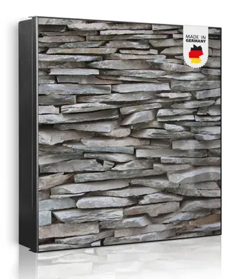 Produktbild von banjado Schlüsselkasten aus Metall, 30x30cm groß mit 32 Haken, als Magnettafel nutzbar, Korpus schwarz, Anschlag rechts, Steinwand [SKG2 10026]