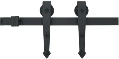 A black sliding door hardware set is shown against a white background.