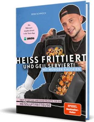 A book cover featuring a man holding an air fryer basket filled with food.