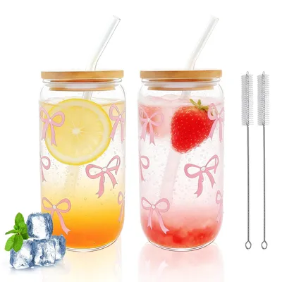 2er-Set Trinkgläser mit Deckel & Strohhalm, 500 ml, Glas, rosa