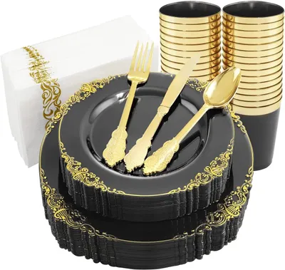 Plastikgeschirr Schwarz-Gold, 175-teilig, für 25 Personen