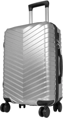 A silver hard-shell trolley suitcase with four wheels and a retractable handle, shown from a slightly angled front view.