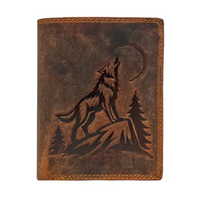 Produktbild von RFID Büffel Echt Leder Herren Geldbörse Portemonnaie mit geprägtem Wolf Motiv Braun Hochformat