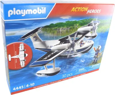 A Playmobil police seaplane toy set on its packaging, with a depiction of the toy in action on water.