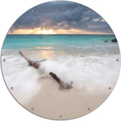 Produktbild von Wallario rundes Outdoor-Poster für Garten oder Balkon, Motiv Wellen am Strand bei Sonnenuntergang, 120 cm Durchmesser