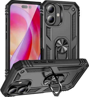 Produktbild von Conie Outdoor Schutzhülle für iPhone 16 Tasche Silikon Hard Case Cover Hülle mit Halter Ständer in Schwarz