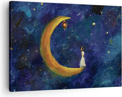 Produktbild von Bild auf Leinwand - Leinwandbild - Einteilig - Mädchen auf der Mond - 70x50cm - Wand Bild - Wanddeko - Wandbilder - Leinwanddruck - Bilder - Wanddekoration - Leinwand bilder - Wandbild - AA70x50-4575