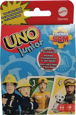 Zdjęcie produktu dla Mattel Games HFC80 Uno Junior Strażak Sam 56 kart do gry 3 poziomy trudności 2 do 4 graczy w wieku od 3 lat Artykuł fanowski