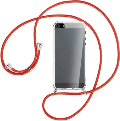 Produktbild von Handykette Backcover-Schutzhülle mit Band (Metall silberfarben) für Apple iPhone 5, 5S, SE - rot