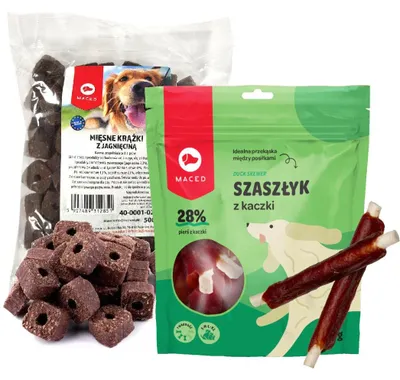 Produktbild von Maced Hundesnacks Rinderstäbchen Ente 500g + Weiche Fleischringe Lamm 500g