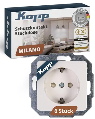 Produktbild von Kopp MILANO Schutzkontaktsteckdosen in Weiß - 6 Stück - 1-fach Einbausteckdose mit erhöhtem Berührungsschutz - IP20 Unterputz-Steckdose mit Schutzkontakt - Steckdosen-Unterputz 16A / 250V