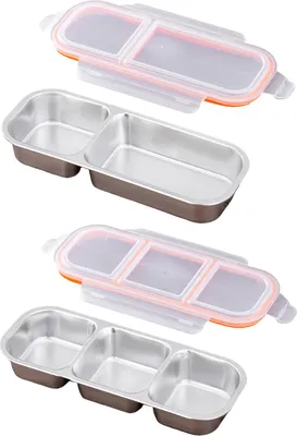Produktbild von 2 Stück Snackbehälter aus Edelstahl, auslaufsichere Soßenbox, 700 ml, unterteilte Snackbehälter, 2/3 Fächer, Gewürzbox mit Deckel, für Kinder und Erwachsene
