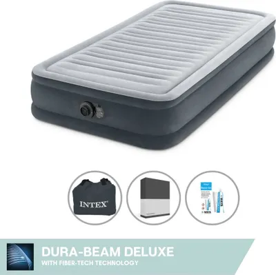 Produktbild von Intex Luftbett - 1 Person - 99 x 191 x 33 cm - Grau - Mit eingebauter Pumpe + Spannbettlaken Schwarz + Reperaturset