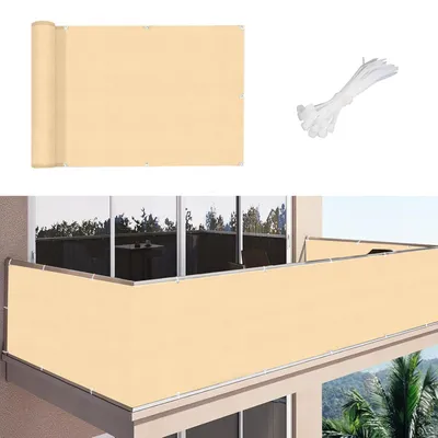 Produktbild von Balkonumspannung Wasserdicht Sichtschutz Balkon Sichtschutzmatte Wetterfest Zaunblende mit Ösen & Kabelbinder Windschutz Sonnenschutz für Terrasse Garten 70x300cm Beige