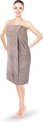 Zdjęcie produktu dla Kilt do sauny dla kobiet „Puszysty” – brązowy – 80 x 145 cm, rozmiar uniwersalny – ręcznik do sauny z gumką i zapięciem na guzik – ręcznik do sauny sięgający do kolan
