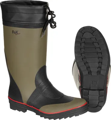 A pair of olive green and black rubber boots shown from the front and the sole of one boot is shown from the side.