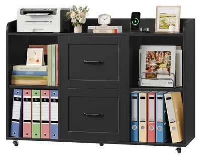 Immagine prodotto di Armadio portadocumenti da ufficio e per la casa - Contenitore mobile con 2 cassetti in legno - Scomparto aperto - Adatto per raccoglitori A4/Letter/Legal - Con ruote - Nero