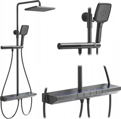 A black shower set with a rainfall showerhead and a handheld showerhead, mounted on a vertical pole with a shelf and a control panel.