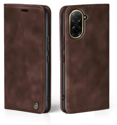 Two views of a brown leather flip phone case for a Xiaomi Redmi A5.