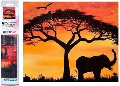 Produktbild von Diamantmalerei, Elefant vor einem Sonnenuntergang, 30x40 cm, kreatives Motiv