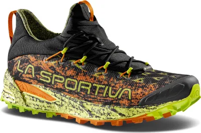 Trailrunning-Schuh "Tempesta Gtx" von La Sportiva; schwarz mit orangefarbenen und grünen Akzenten; rutschfeste Sohle.