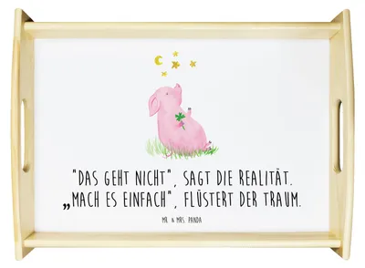 Produktbild von Mr. & Mrs. Panda Tablett Schwein Glück - Weiß - Geschenk, Träume, Servierplatte Holz, serviertablett, Schweinchen, Lustige Sprüche, Ziele, Glücksbringer, Dekotablett