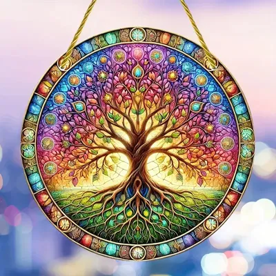 Produktbild von GKA Sonnenfänger Baum des Lebens bunt 15 cm Buntglas Lichtfänger Fensterbild Fenster Fensterschmuck Fensterdeko