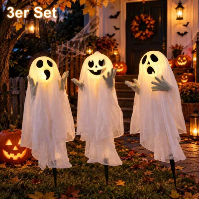 Produktbild von 3er Set Halloween Geister mit Bewegungssensor & LED Beleuchtung – Leuchtende Gespenster mit Erdspieß für Vorgarten, Halloween Dekoration Außen & Innen
