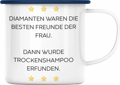 Produktbild von Trendation - Lustige Emaille Tasse mit Spruch für Frauen Männer Arbeit Büro Lustig Emaille Tassen Becher mit Sprüchen Kollegin Geschenk Sarkasmus Trockenshampoo (Blau)