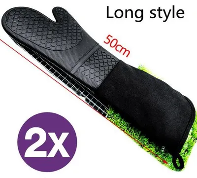 Image de Ensemble de 2 gants de cuisine en silicone Unyqoos®, extra longs, résistants à la chaleur jusqu'à 300°C, sans BPA, doublure en coton et polyester, antidérapants, couleur noire