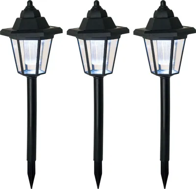 Three black solar-powered garden lights are displayed against a white background.