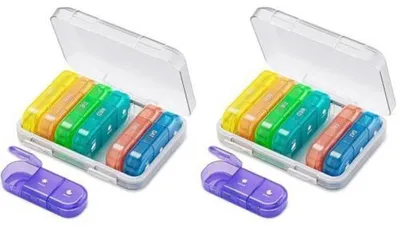 Produktbild von Wochen Tablettenbox für 3-mal Täglich, 7 Tage Pillendose mit 21 Fächern, Tragbar, Feuchtigkeitsgeschützt, Bunt, 2er Pack