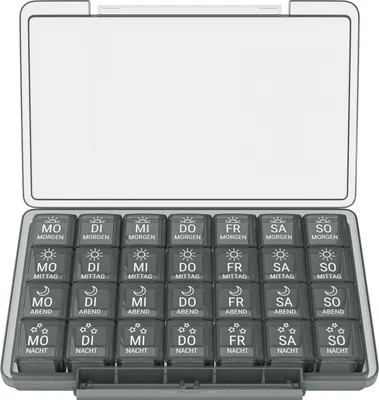 Produktbild von WELLGRO Tablettenbox für 7 Tage - Pillendose je 4 Fächer pro Tag - Klappdeckel mit Druckverschluss - Aufbewahrungsbox - BPA-freier Kunststoff