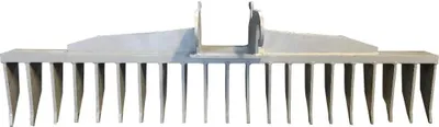 A metal rake attachment for a mini excavator, shown against a white background.