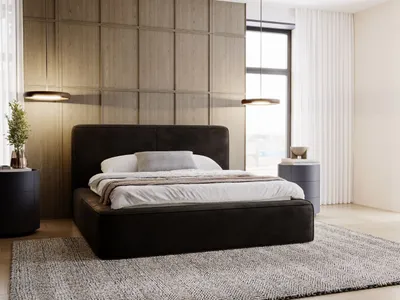 A modern bedroom with a large bed, nightstands, and decorative wall paneling.
