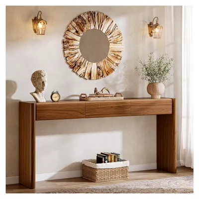 Produktbild von Konsolentisch aus Holz mit 3 Schubladen, 180 x 30 x 86 cm, Schmaler Sofatisch für hinter dem Sofa, Flurtisch für Eingang und Wohnzimmer, Vintagebraun