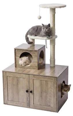 Produktbild von Relaxdays Kratzbaum mit Katzenkloschrank, HBT: 133x78x49 cm, Sisalstämme & Liegemulde, Holzoptik, Katzenturm, hellbraun