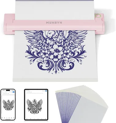 Produktbild von MUNBYN Tattoo Drucker Bluetooth, Kabelloser Stencil Thermodrucker mit 20 A4 Transferpapier, Kompatibel mit Android, iOS, Windows & Mac für Künstler