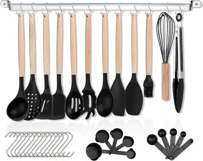 Immagine prodotto di Set di utensili da cucina da 38 pezzi, antiaderente, manico in legno, nero, multifunzionale