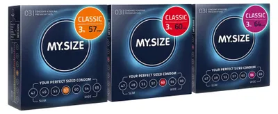 Immagine prodotto di MY.SIZE Classic Premium Preservativi, confezione assaggio da 3 | Larghezze di 57, 60, 64 mm | 3x3 Pezzi extra sottili | sensazione naturale ultra delicata | spessore della parete di 0,07 mm | vegani